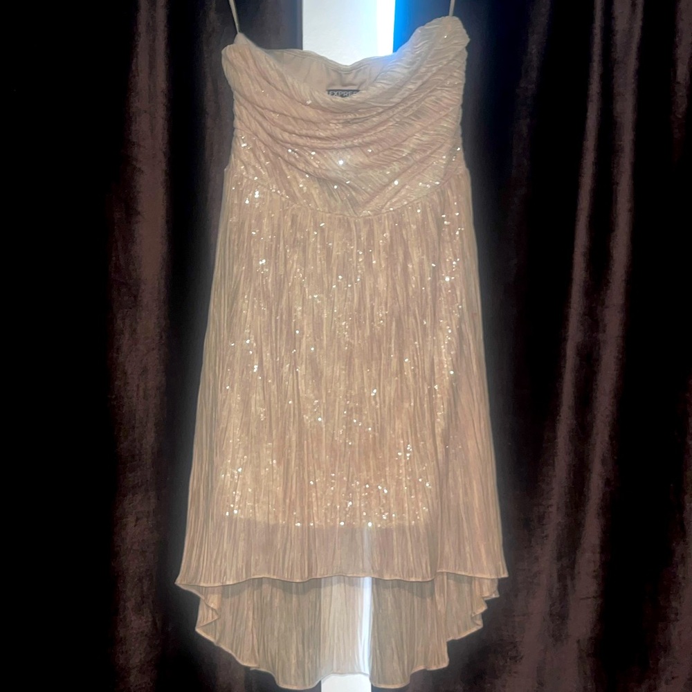 Champagne and sequins hi/-lo strapless cocktail dress. Size Small | 4-6 US.